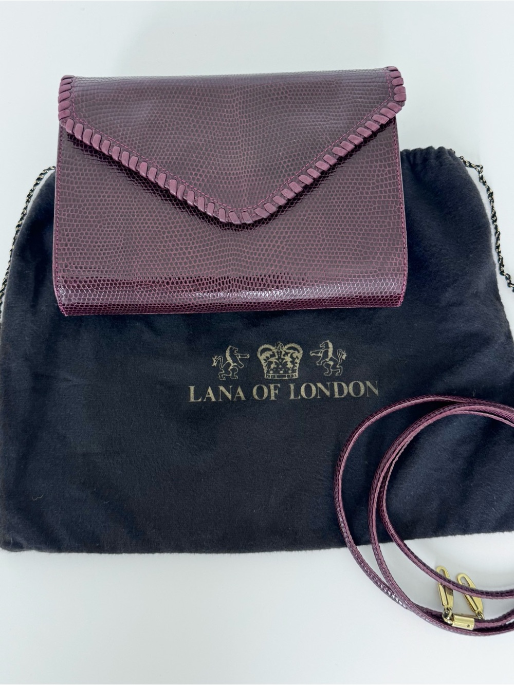 LANA of LONDON vintage plum purple lizard clutch w/leather strap Lana Marks